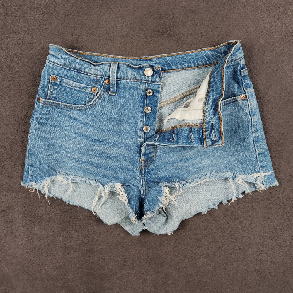 Levis 501 Denim Shorts Womens 30 Blue Original High Rise Button Fly Frayed Hem - Picture 3 of 11